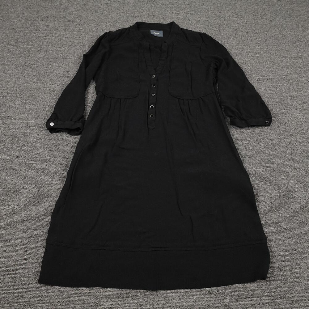 Maeve Shirt Dress Womens 6 Black 3/4 Sleeve V Neck Knee Length Pockets Casual